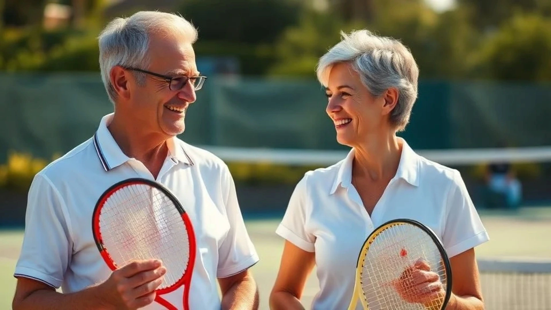 Pareja senior con raquetas de tenis